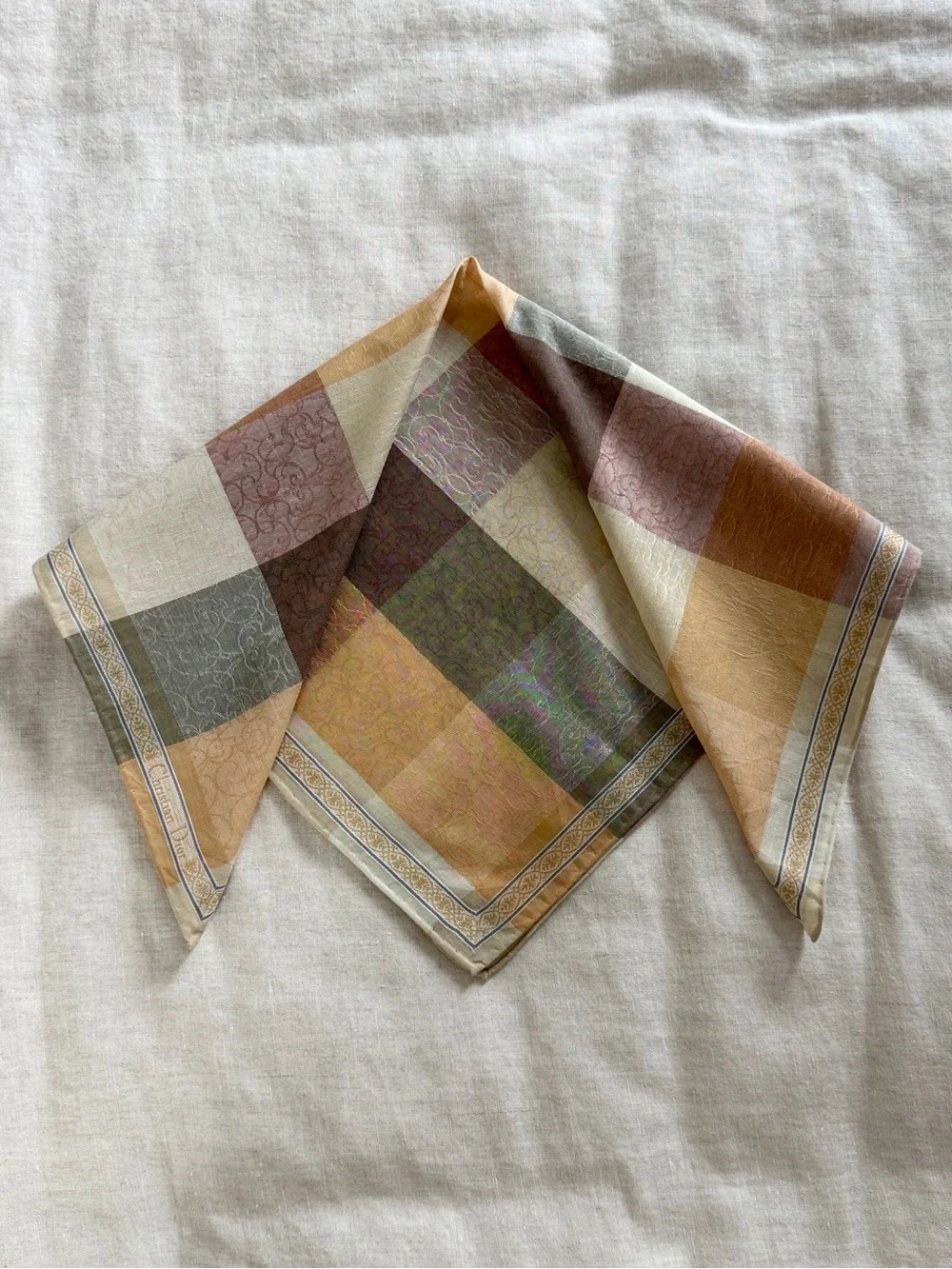 Vintage Dior Jacquard Woven Plaid Cotton Linen Bandana Scarf Made in Japan